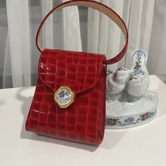 Mini Leather red croc embossed bag with handle and jewel tone - Picture 1 of 7